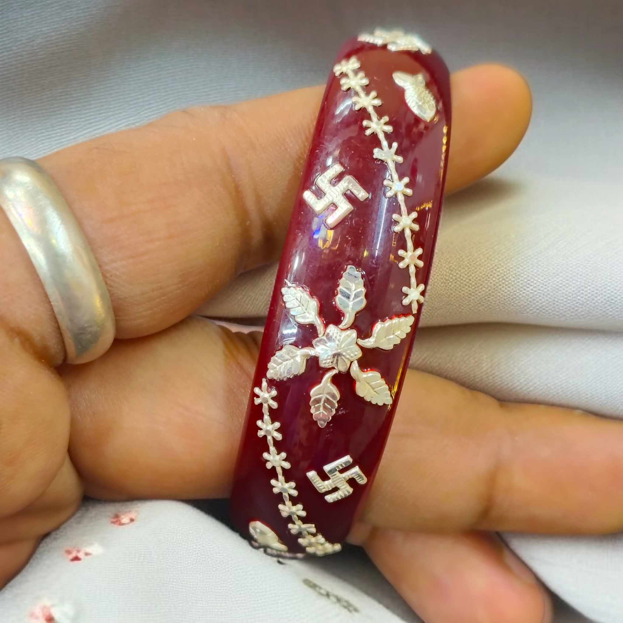 (SSP) (SIZE- 23) MAROON PASTING DESIGN 925 ORIGINAL SILVER POLA BANGLES FOR WOMEN 1 PC - SOLD AS MRP BY RAJLAXMI.