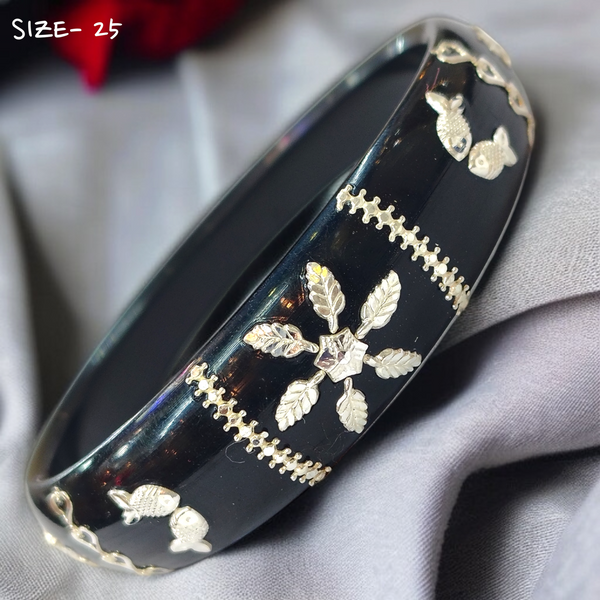 (SSP) (SIZE- 25) BLACK PASTING DESIGN 925 ORIGINAL SILVER POLA BANGLES FOR WOMEN 1 PC - SOLD AS MRP BY RAJLAXMI.