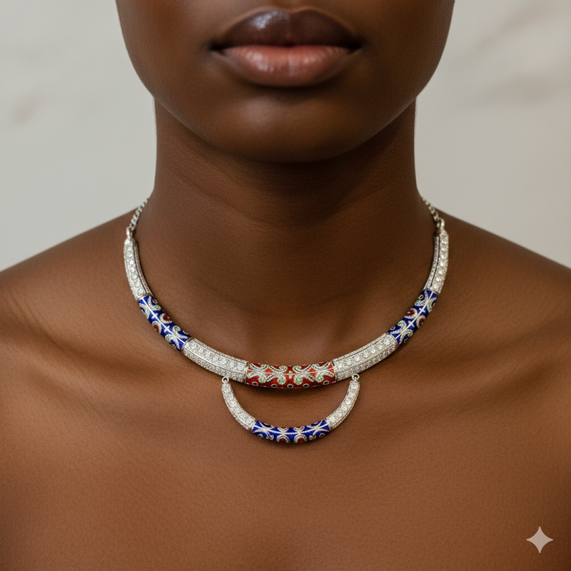 SILVER NECKLACE- CERTIFIED HALLMARK 925 SILVER HASULI NECKLACE 1 PIECE WITH EARRINGS (MINAKARI MANIPUR DESIGN) APPROX WGT: 47.250 GM (1 PIECE) FOR BEAUTIFUL WOMEN.