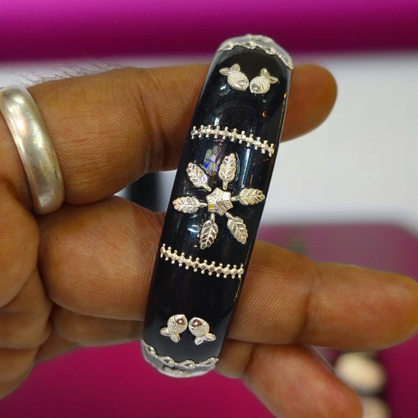 (SSP) (SIZE- 25) BLACK PASTING DESIGN 925 ORIGINAL SILVER POLA BANGLES FOR WOMEN 1 PC - SOLD AS MRP BY RAJLAXMI.