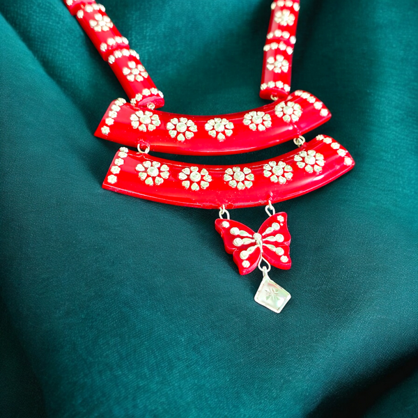 RED LUXURY SILVER NECKLACE- CERTIFIED HALLMARK 925 SILVER POLA SITAHAR WITH EARRINGS APPROX WGT: 8.00 GM (1 PIECE) WITH TASSEL FOR BEAUTIFUL WOMEN (GET ANY DESIGN AS PER STOCK).