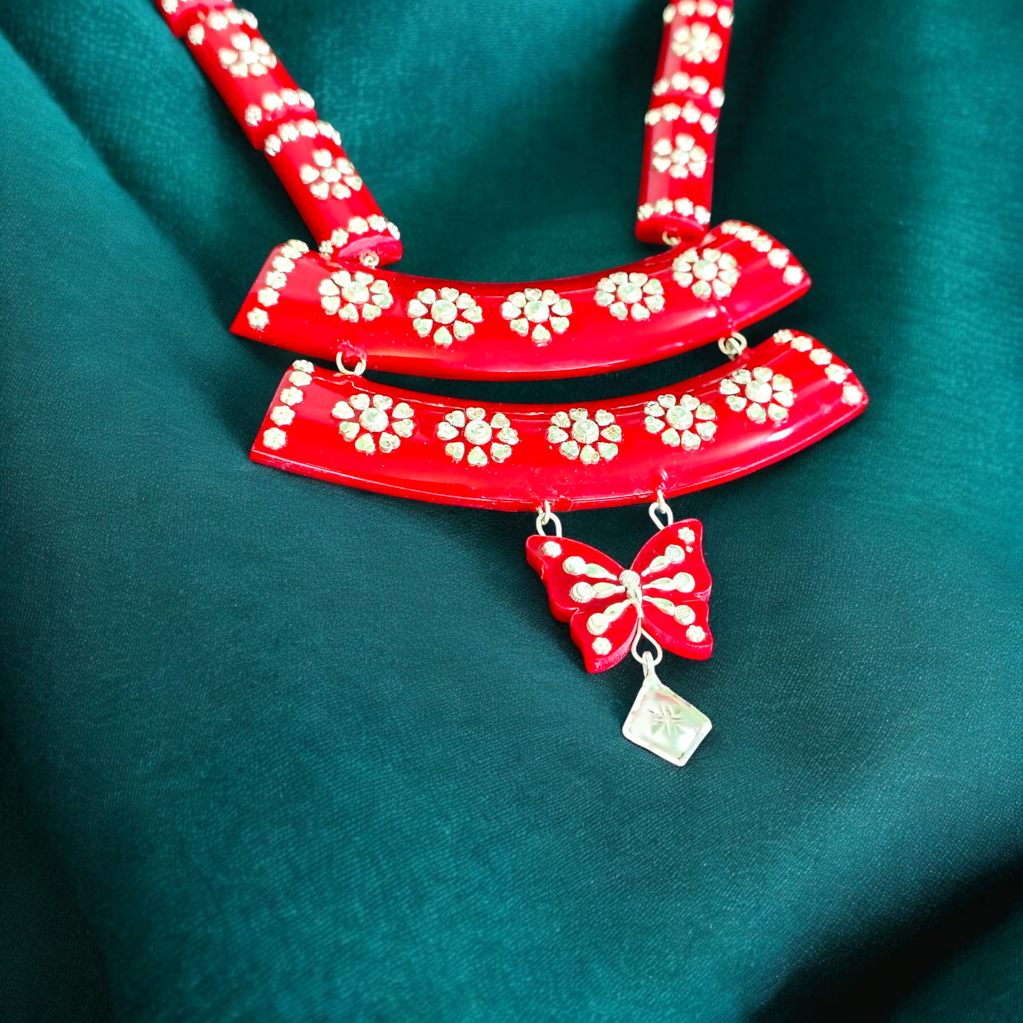 RED SILVER NECKLACE- CERTIFIED HALLMARK 925 SILVER POLA SITAHAR WITH EARRINGS APPROX WGT: 8.00 GM (1 PIECE) WITH TASSEL FOR BEAUTIFUL WOMEN (GET ANY DESIGN AS PER STOCK).