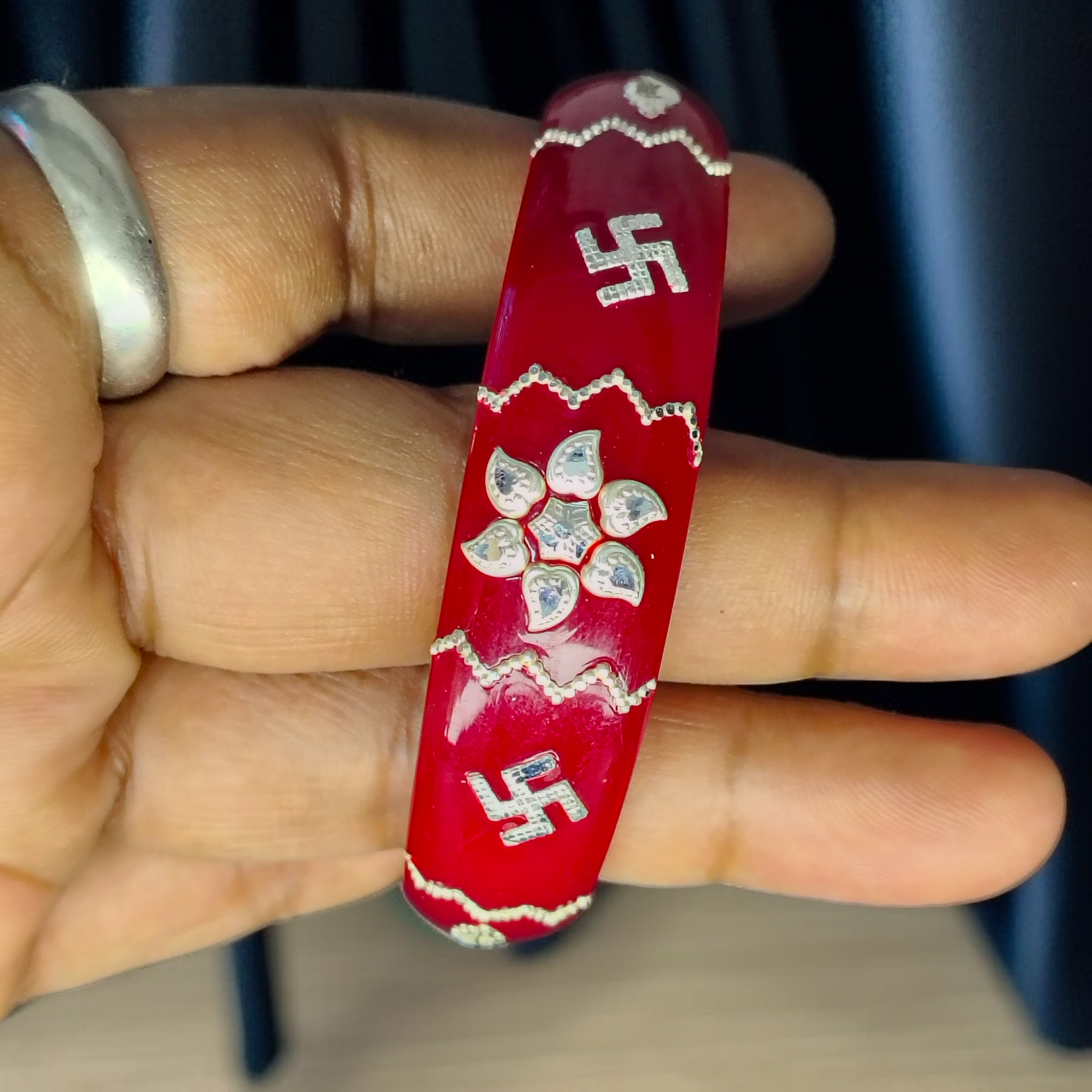 (SSP) (SIZE- 26) RED PASTING DESIGN 925 ORIGINAL SILVER POLA BANGLES FOR WOMEN 1 PC - SOLD AS MRP BY RAJLAXMI.