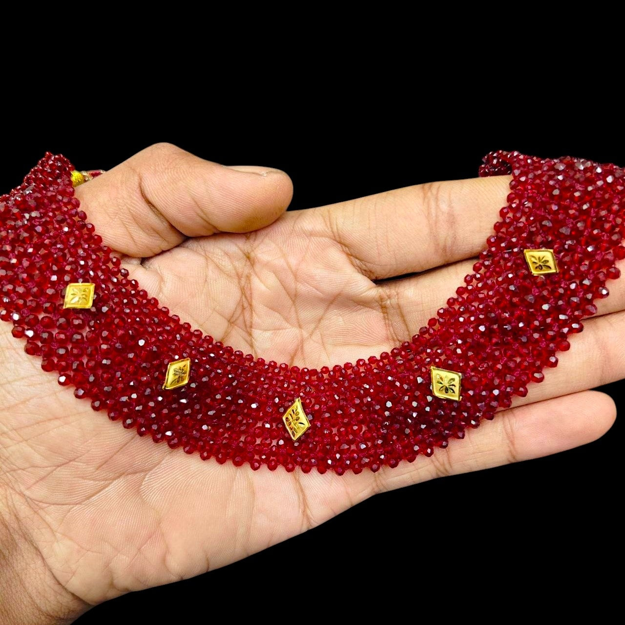 GOLD MOTI HAR- (WGT: 0.470 GM APPROX) HUID HALLMARK 375 9KT GOLD CRYSTAL CHATAI NECKLACE 1 PIECE WITH ADJUSTABLE TASSE.