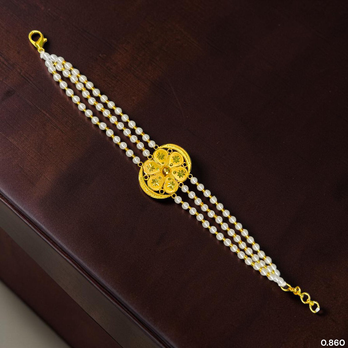 GOLD MANTASHA- (54AVNE)-(WGT: 0.860 GM APPROX) BIS CERTIFIED HUID HALLMARK 375 9KT GOLD MOTI MANTASHA WITH PEARL CHAIN FOR WOMEN.