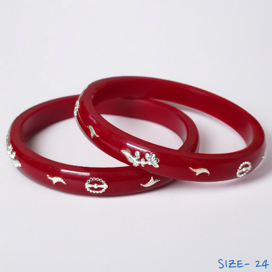 (SSP) (SIZE- 24) RED PASTING DESIGN 925 ORIGINAL SILVER POLA BANGLES FOR WOMEN 1 PAIR - SOLD AS MRP BY RAJLAXMI.