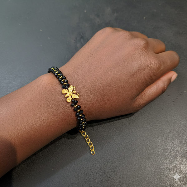 GOLD WRISTLET- BIS CERTIFIED HUID HALLMARK 916 22KT GOLD MANGALSUTRA WRISTLET BUTTERFLY DESIGN 7 INCH (WGT: 0.390-0.420 GM APPROX) WITH MANGALSUTRA CHAIN FOR WOMEN.