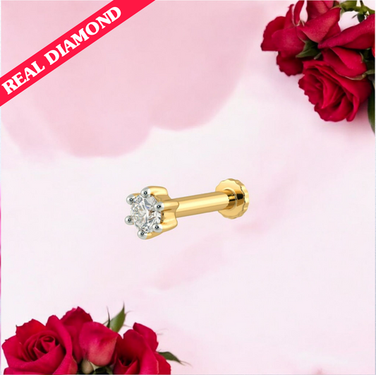 BIS CERTIFIED HUID HALLMARK 14KT GOLD DIAMOND NOSEPIN (THEPI BACK) WITH DIAMOND CERTIFICATE REPORT (120425TT02) 0.04 CT-SHAPE: ROUND BRILLIANT-COLOUR: H- CLARITY: SI-2.(NATURAL AFRICAN DIAMOND) EXCHANGE VALUE: 40% FOR LIFETIME WITH REPORT.