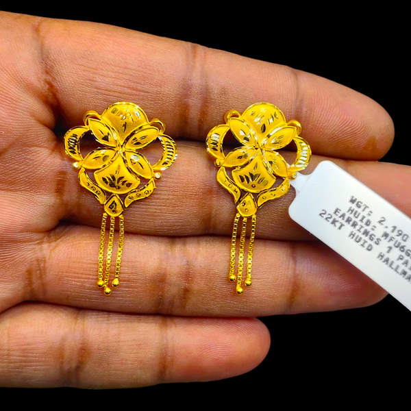 (GER22) BIS CERTIFIED WGT: 2.190 GM APPROX HUID HALLMARK 916 22KT GOLD EARRINGS KANBALA 1 PAIR FOR WOMEN.
