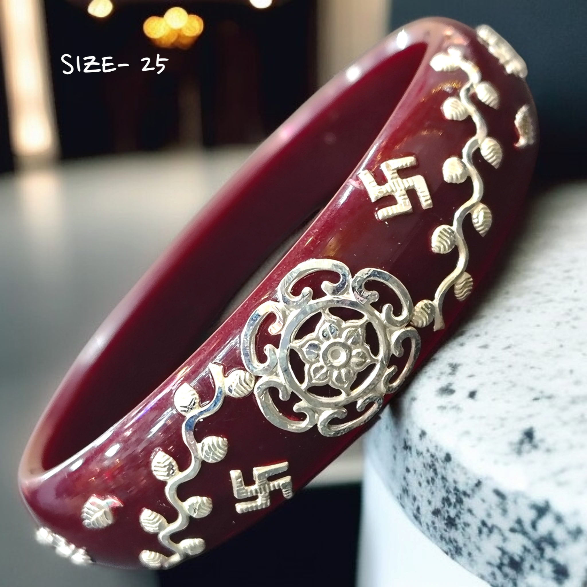 (SSP) (SIZE- 25) MAROON PASTING DESIGN 925 ORIGINAL SILVER POLA BANGLES FOR WOMEN 1 PC - SOLD AS MRP BY RAJLAXMI.