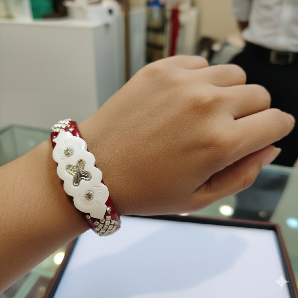 (TSP) (SIZE- 25) 925 ORIGINAL SILVER TILOTTAMA POLA SAKHA BADHANO BANGLES(RED COLOUR)FOR WOMEN 1 PIECE -(SOLD ON MRP).