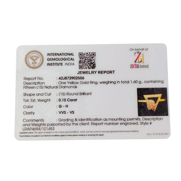RAJLAXMI DIAMOND JEWELLERY (SIZE:17) - WGT: 1.600 GM - NATURAL DIAMOND (0.10 CENT) HUID HALLMARK 18KT DIAMOND FINGER RING FOR WOMEN WITH CERTIFICATE OF AUTHENTICITY BY ZORBA (DESIGN NO: LRAP4694).