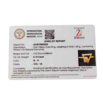 RAJLAXMI DIAMOND JEWELLERY (SIZE:17) - WGT: 1.600 GM - NATURAL DIAMOND (0.10 CENT) HUID HALLMARK 18KT DIAMOND FINGER RING FOR WOMEN WITH CERTIFICATE OF AUTHENTICITY BY ZORBA (DESIGN NO: LRAP4694).