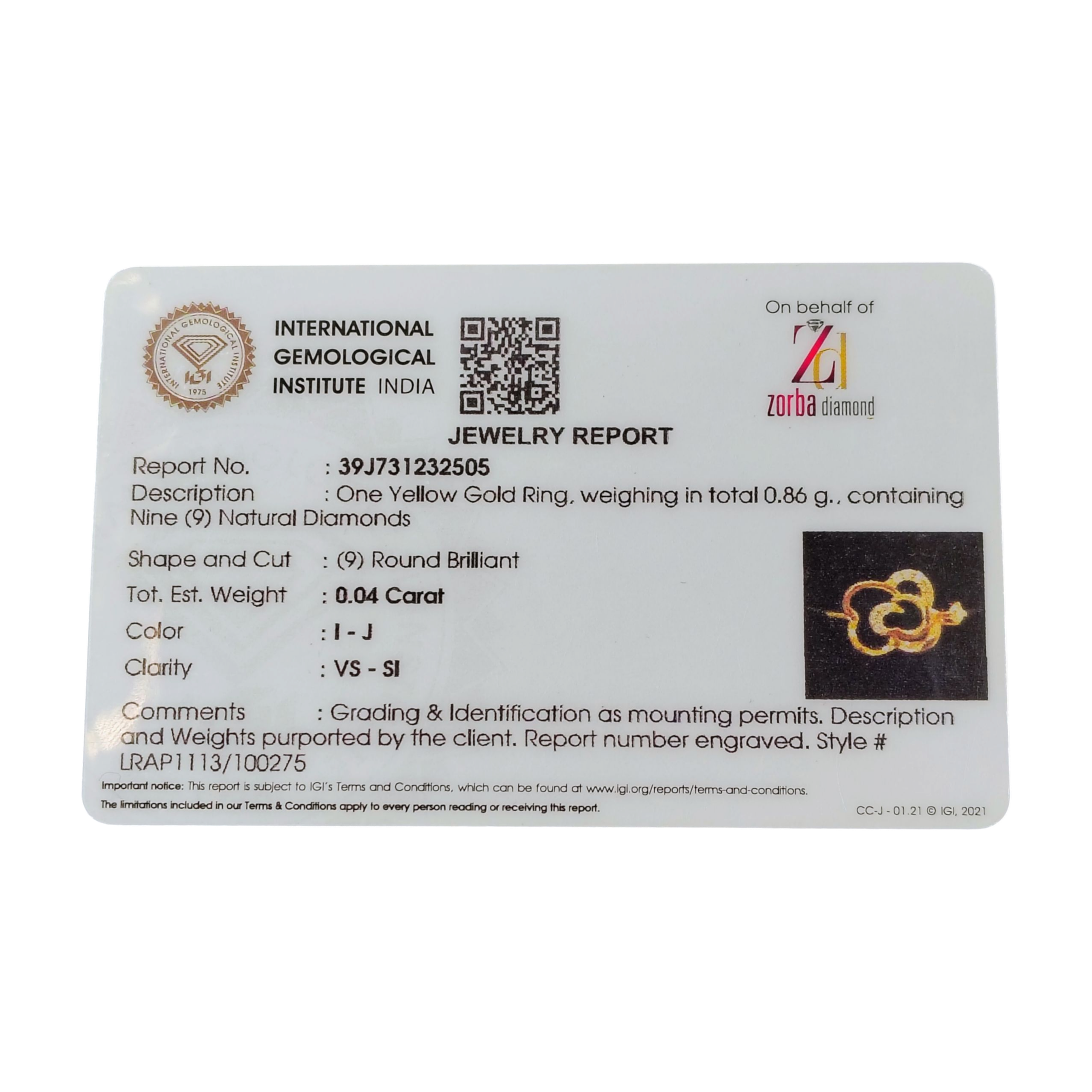 (GLFR18) RAJLAXMI DIAMOND JEWELLERY (SIZE:13) - WGT: 0.860 GM - NATURAL DIAMOND (0.04 CENT) HUID HALLMARK 18KT DIAMOND FINGER RING FOR WOMEN WITH CERTIFICATE OF AUTHENTICITY BY ZORBA (DESIGN NO: LRAP1113).