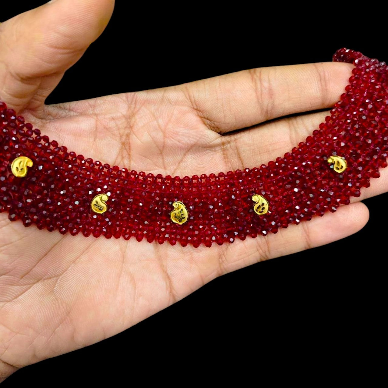 GOLD MOTI HAR- (WGT: 0.490 GM APPROX) HUID HALLMARK 375 9KT GOLD CRYSTAL CHATAI NECKLACE 1 PIECE WITH ADJUSTABLE TASSE.