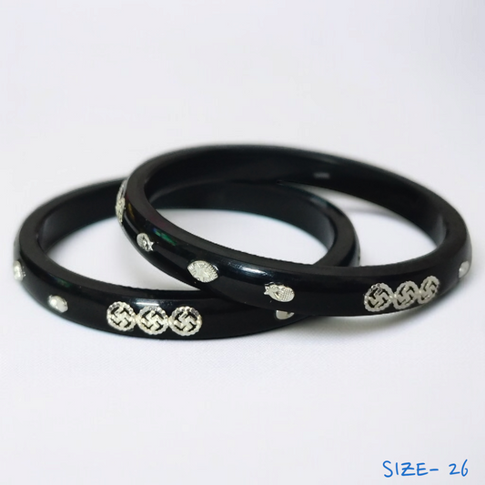 (SSP) (SIZE- 26) BLACK PASTING DESIGN 925 ORIGINAL SILVER POLA BANGLES FOR WOMEN 1 PAIR - SOLD AS MRP BY RAJLAXMI.