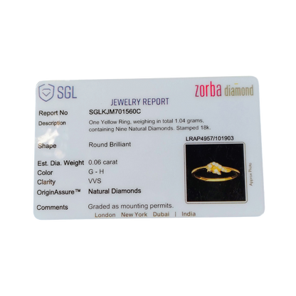 RAJLAXMI DIAMOND JEWELLERY (SIZE:09) - WGT: 1.040 GM - NATURAL DIAMOND (0.06 CENT) HUID HALLMARK 18KT DIAMOND FINGER RING FOR WOMEN WITH CERTIFICATE OF AUTHENTICITY BY ZORBA (DESIGN NO: LRAP4957).