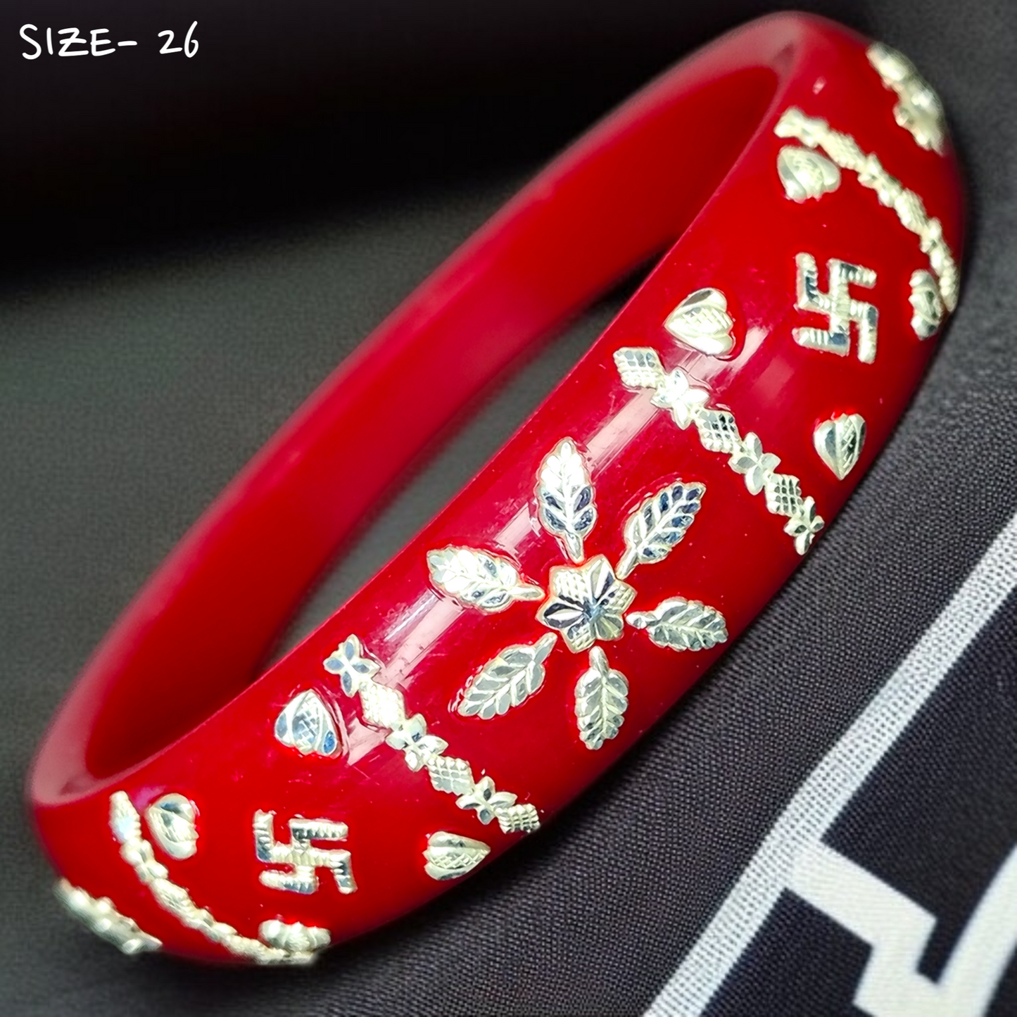 (SSP) (SIZE- 26) RED PASTING DESIGN 925 ORIGINAL SILVER POLA BANGLES FOR WOMEN 1 PC - SOLD AS MRP BY RAJLAXMI.