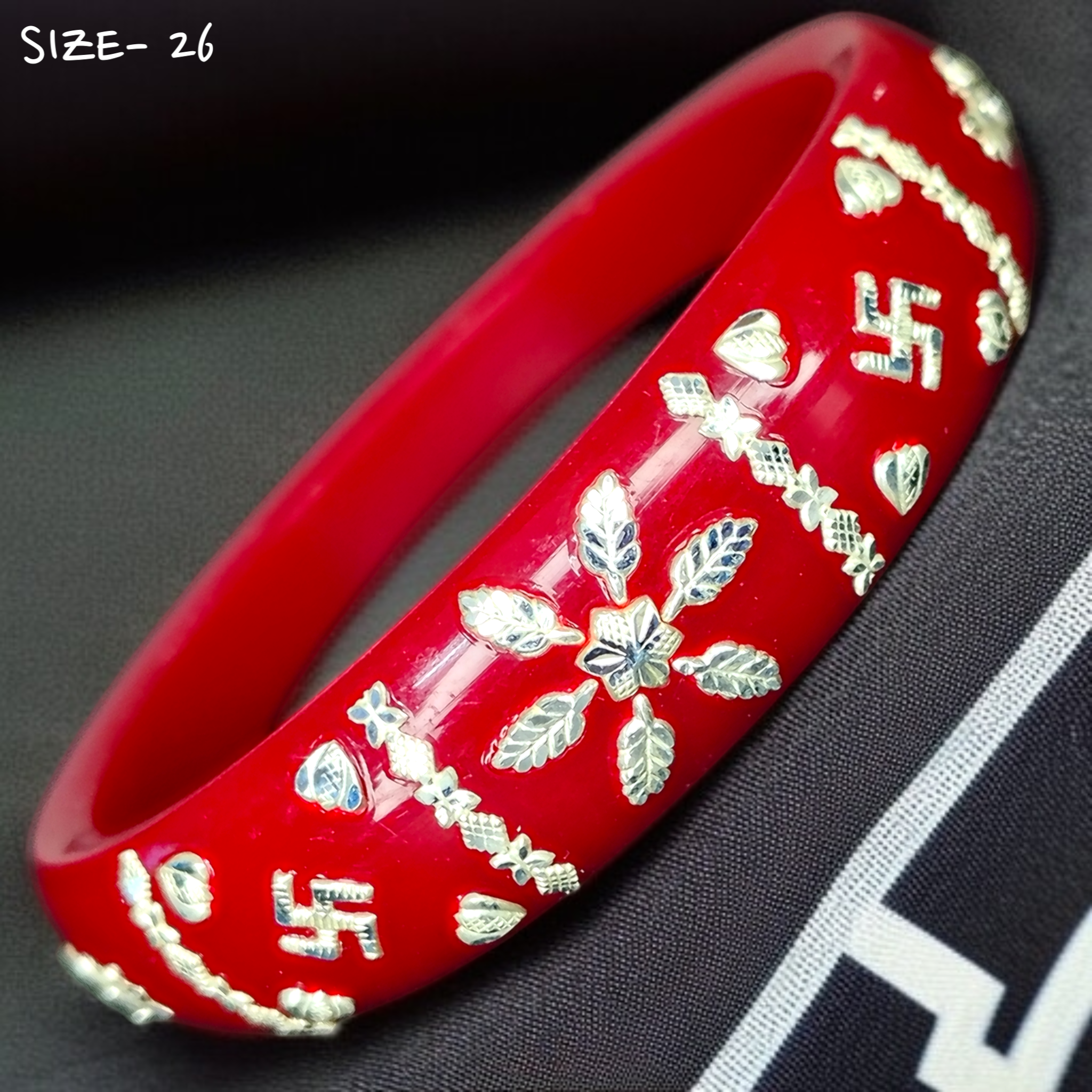 (SSP) (SIZE- 26) RED PASTING DESIGN 925 ORIGINAL SILVER POLA BANGLES FOR WOMEN 1 PC - SOLD AS MRP BY RAJLAXMI.