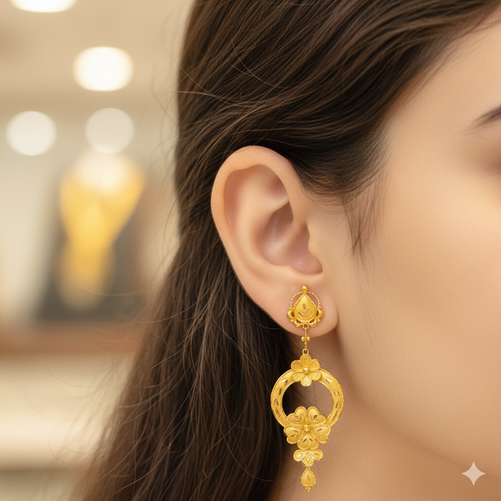 (GER22) BIS CERTIFIED WGT: 3.870 GM APPROX HUID HALLMARK 916 22KT GOLD EARRINGS KANBALA 1 PAIR FOR WOMEN.