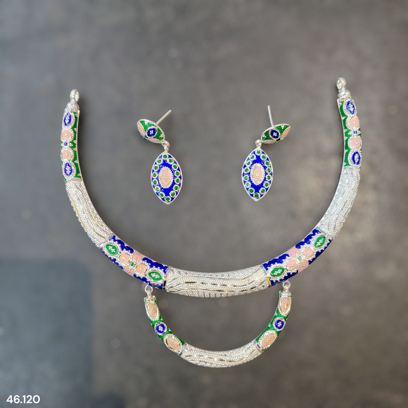 SILVER NECKLACE- CERTIFIED HALLMARK 925 SILVER HASULI NECKLACE 1 PIECE WITH EARRINGS (MINAKARI MANIPUR DESIGN) APPROX WGT: 46.120 GM (1 PIECE) FOR BEAUTIFUL WOMEN.