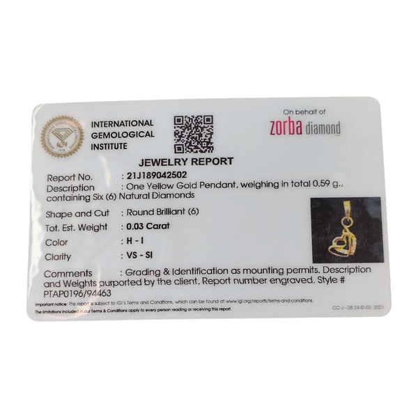 RAJLAXMI DIAMOND JEWELLERY - WGT: 0.590 GM - NATURAL DIAMOND (0.03 CENT) HUID HALLMARK 18KT DIAMOND PENDANT LOCKET FOR WOMEN WITH CERTIFICATE OF AUTHENTICITY BY ZORBA (DESIGN NO: PTAP0196) *CHAIN NOT INCLUDED.