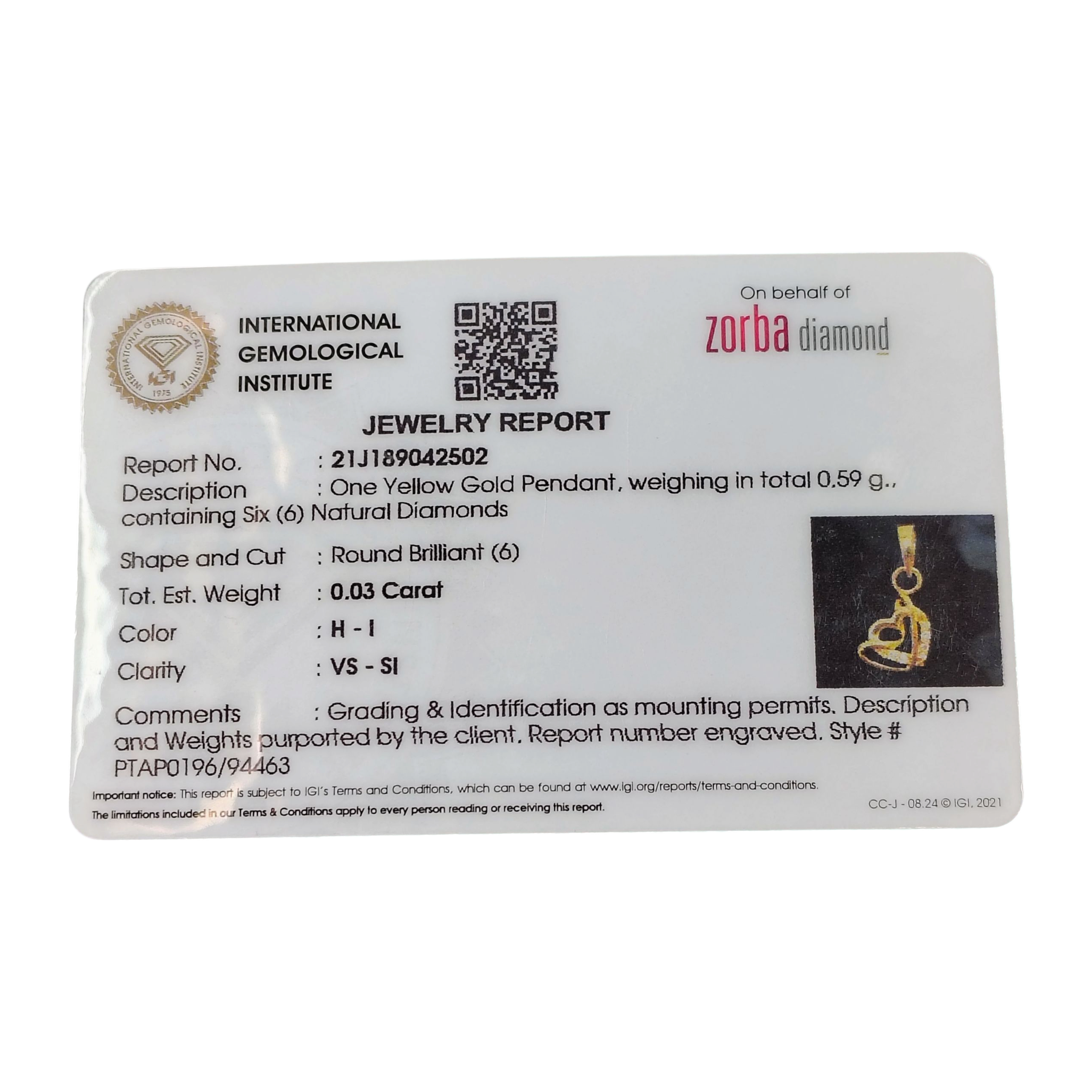 (GLC18) RAJLAXMI DIAMOND JEWELLERY - WGT: 0.590 GM - NATURAL DIAMOND (0.03 CENT) HUID HALLMARK 18KT DIAMOND PENDANT LOCKET FOR WOMEN WITH CERTIFICATE OF AUTHENTICITY BY ZORBA (DESIGN NO: PTAP0196) *CHAIN NOT INCLUDED.