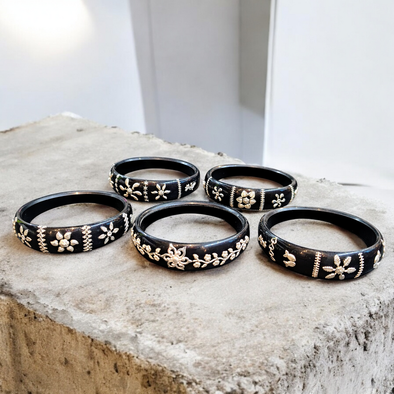 (SSP) BLACK COLOUR LASER PASTING DESIGN ORIGINAL HALLMARK 925 SILVER BRACELET POLA FOR WOMEN 1 PIECE - SOLD AS MRP BY RAJLAXMI (GET ANY DESIGN AS PER SIZE).