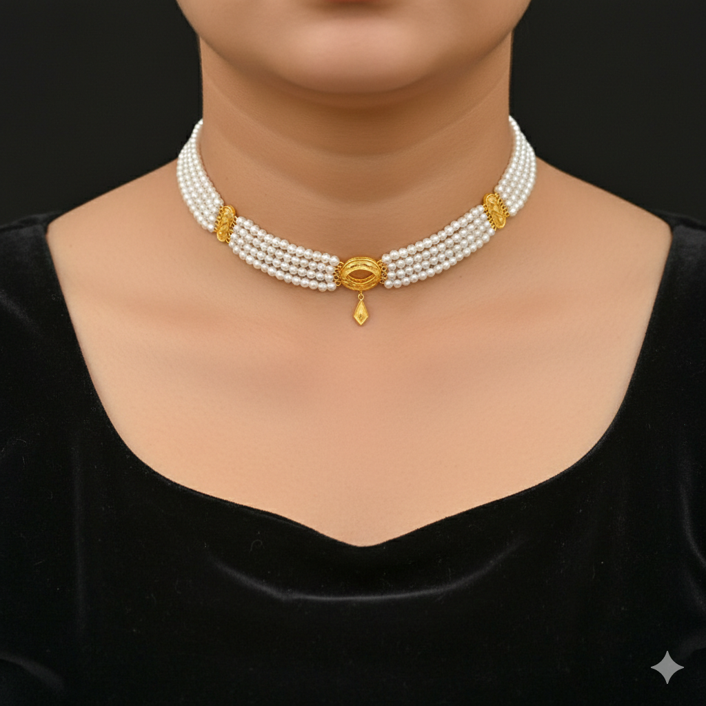 PEARL CHOKER- CERTIFIED BIS HUID HALLMARK 916 22KT GOLD MOTI CHOKER 1 PIECE (WGT: 0.990 GM) WITH ADJUSTABLE TASSEL FOR GIFT IN MARRIAGE.