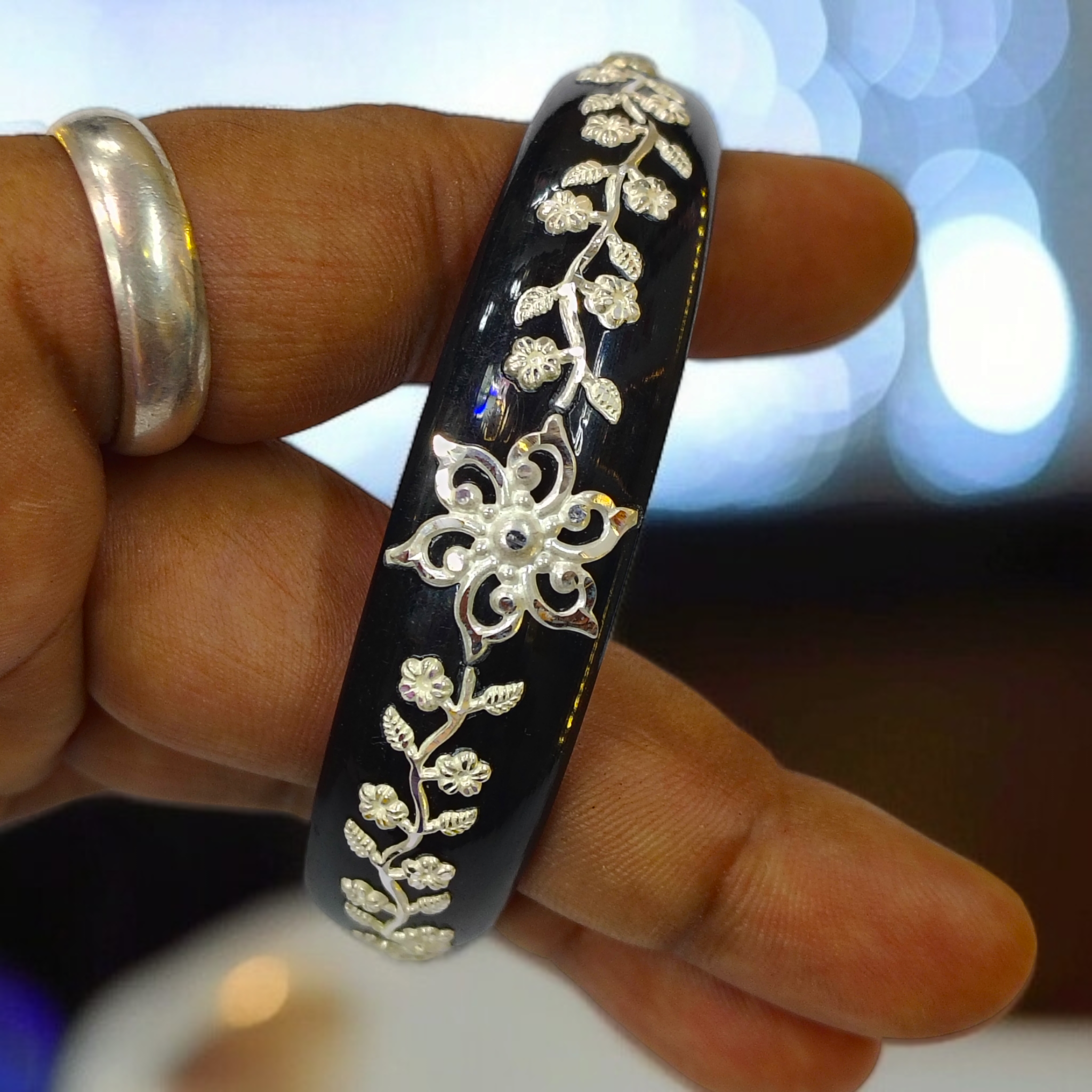 (SSP) (SIZE- 25) BLACK PASTING DESIGN 925 ORIGINAL SILVER POLA BANGLES FOR WOMEN 1 PC - SOLD AS MRP BY RAJLAXMI.