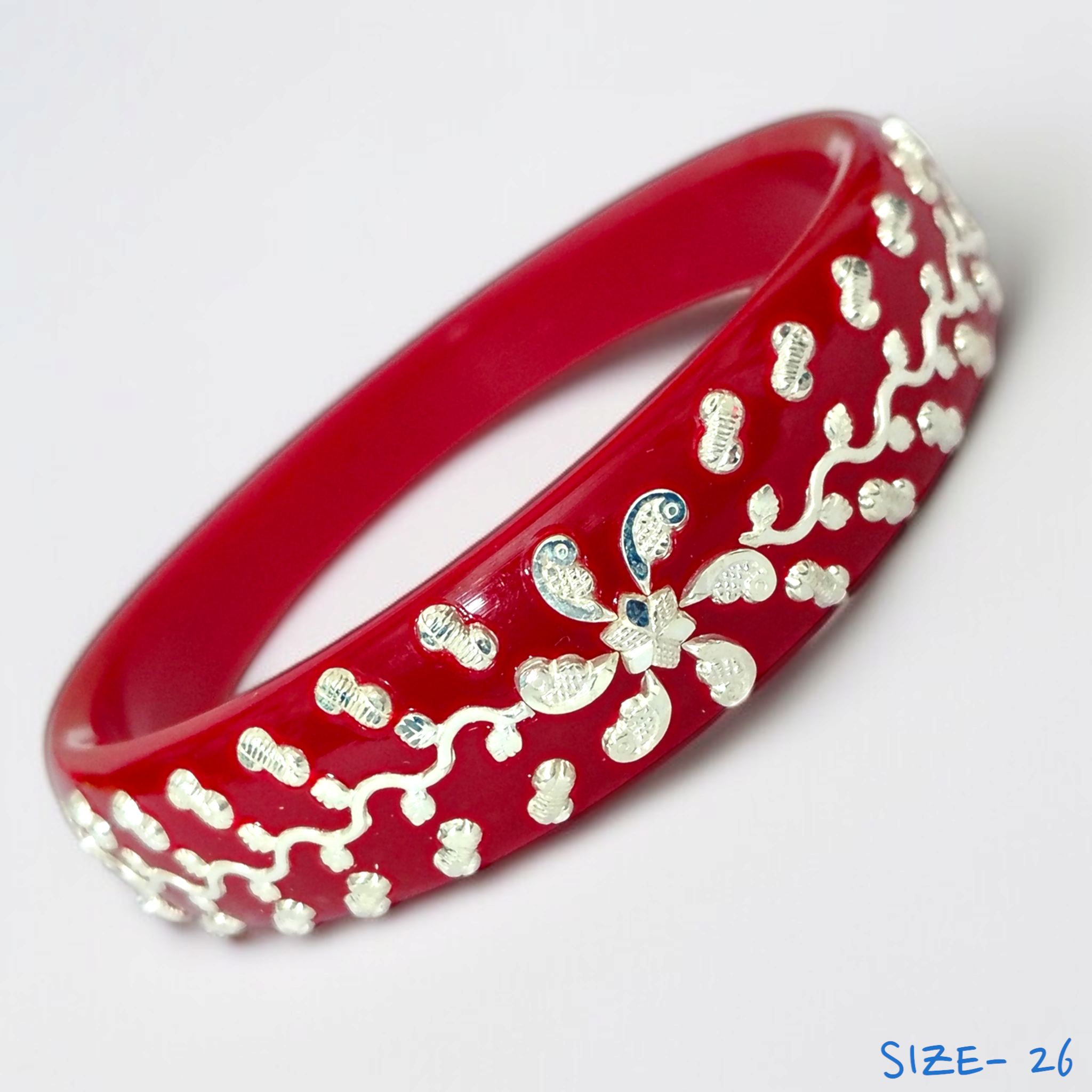 (SSP) (SIZE- 26) RED PASTING DESIGN 925 ORIGINAL SILVER POLA BANGLES FOR WOMEN 1 PC - SOLD AS MRP BY RAJLAXMI.