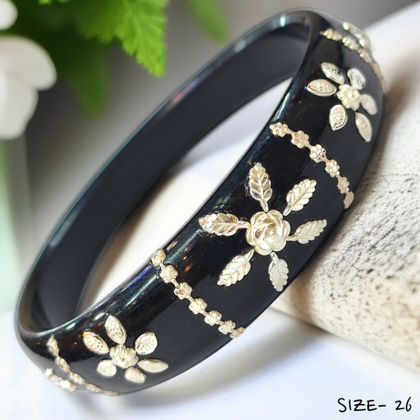 (SSP) (SIZE- 26) BLACK PASTING DESIGN 925 ORIGINAL SILVER POLA BANGLES FOR WOMEN 1 PC - SOLD AS MRP BY RAJLAXMI.