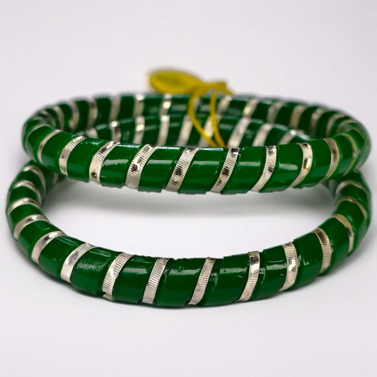 GREEN SPIRAL DESIGN 995 ORIGINAL SILVER POLA BANGLES FOR WOMEN 1 PAIR - SOLD AS MRP BY RAJLAXMI (GET FREE SILVER POLA RING) HAPPY HOURS OFFER.