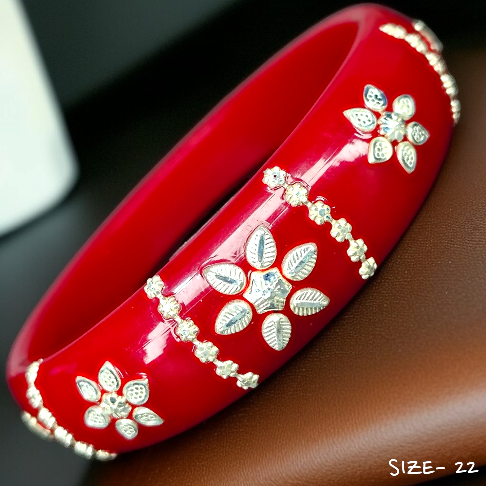 (SSP) (SIZE- 22) RED PASTING DESIGN 925 ORIGINAL SILVER POLA BANGLES FOR WOMEN 1 PC - SOLD AS MRP BY RAJLAXMI.