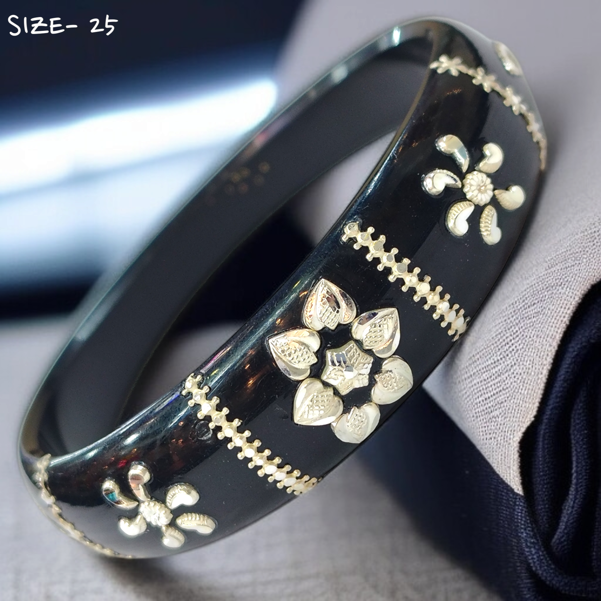 (SSP) (SIZE- 25) BLACK PASTING DESIGN 925 ORIGINAL SILVER POLA BANGLES FOR WOMEN 1 PC - SOLD AS MRP BY RAJLAXMI.