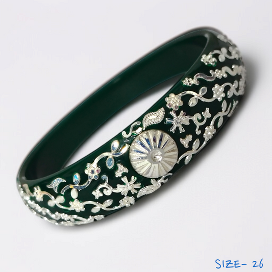 (SSP) (SIZE- 26) GREEN PASTING DESIGN 925 ORIGINAL SILVER POLA BANGLES FOR WOMEN 1 PC - SOLD AS MRP BY RAJLAXMI.