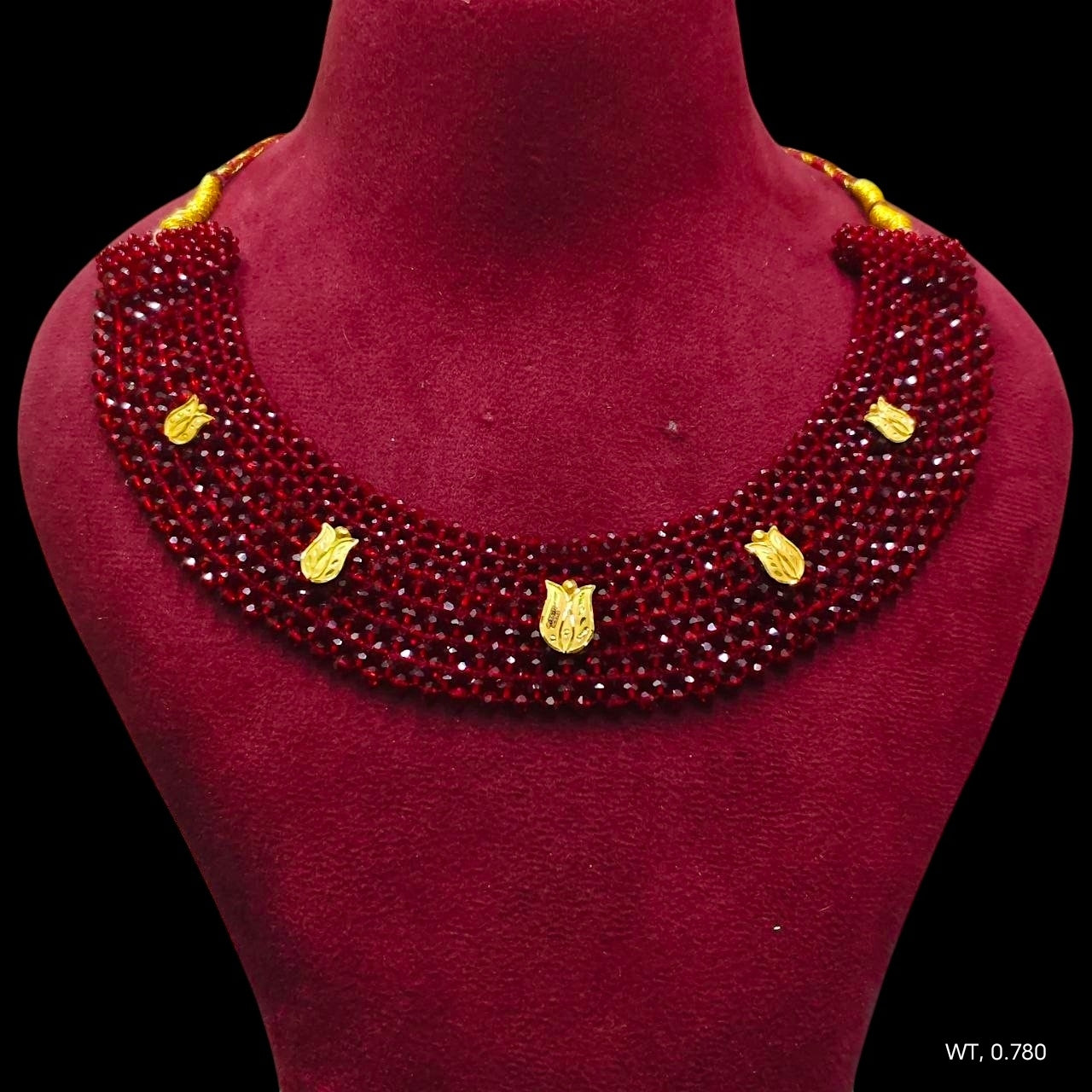 GOLD MOTI HAR- (WGT: 0.780 GM APPROX) HUID HALLMARK 375 9KT GOLD CRYSTAL CHATAI NECKLACE 1 PIECE WITH ADJUSTABLE TASSEL.