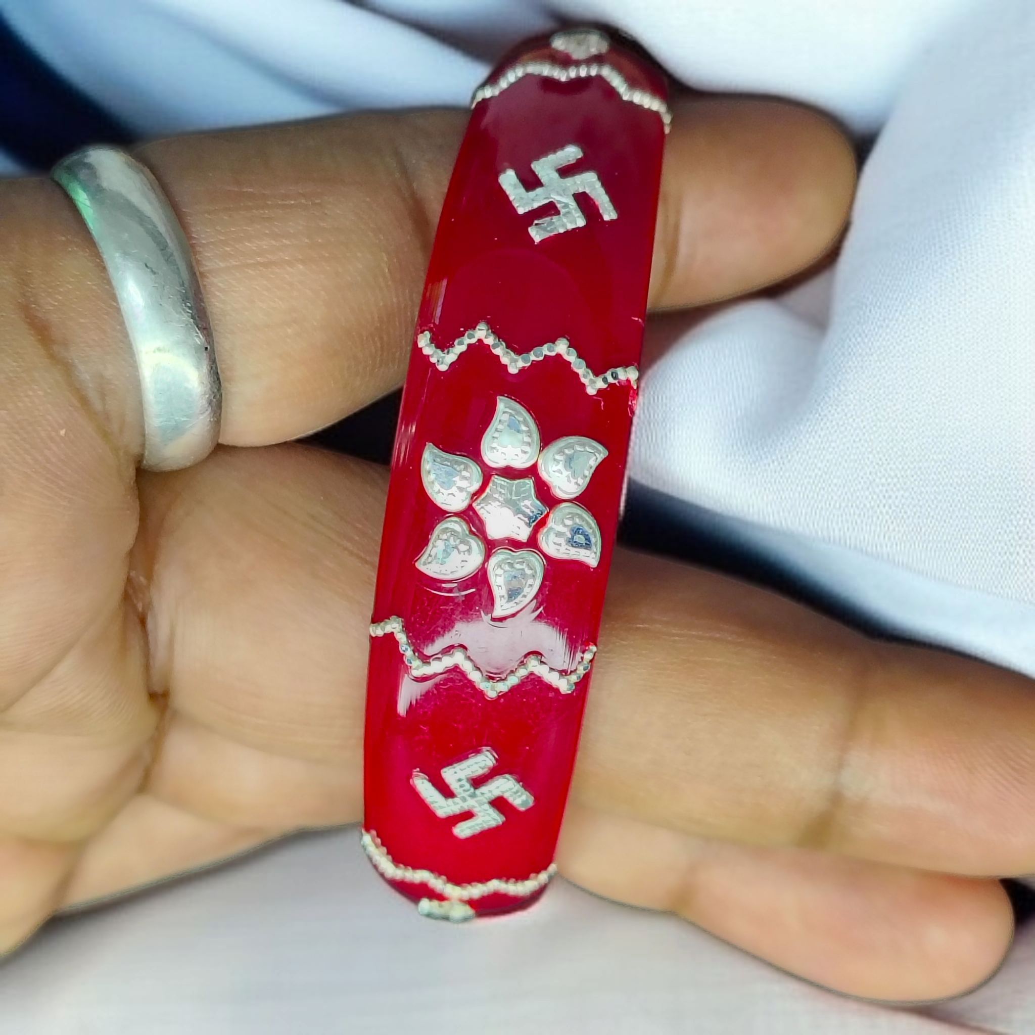 (SSP) (SIZE- 25) RED PASTING DESIGN 925 ORIGINAL SILVER POLA BANGLES FOR WOMEN 1 PC - SOLD AS MRP BY RAJLAXMI.