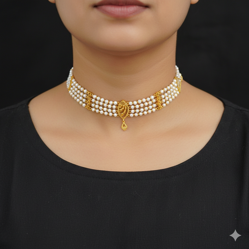 GMC9K- CERTIFIED BIS HUID HALLMARK 375 9KT GOLD MOTI CHOKER 1 PIECE (WGT: 1.910 GM) WITH ADJUSTABLE TASSEL FOR GIFT IN MARRIAGE.