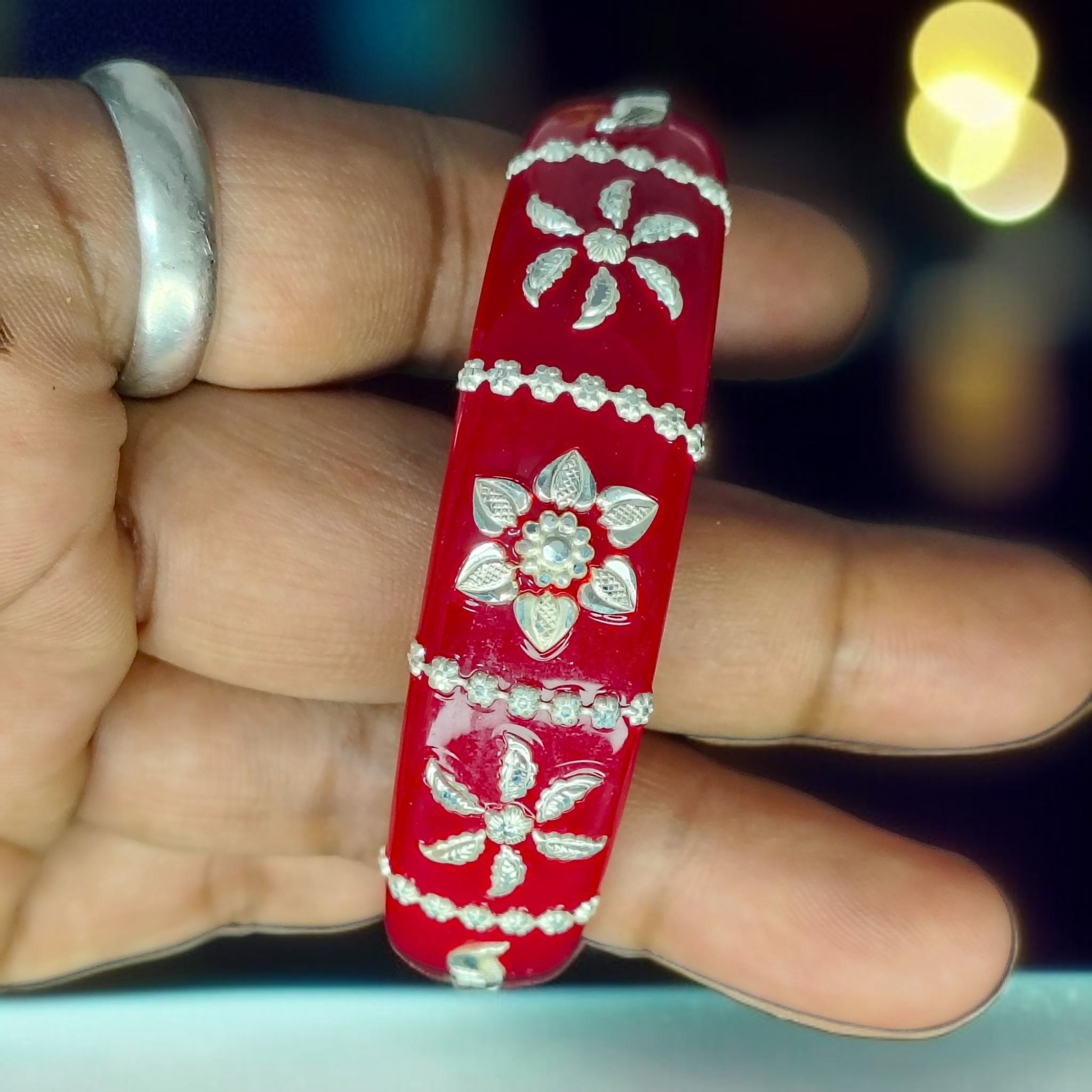 (SSP) (SIZE- 25) RED PASTING DESIGN 925 ORIGINAL SILVER POLA BANGLES FOR WOMEN 1 PC - SOLD AS MRP BY RAJLAXMI.