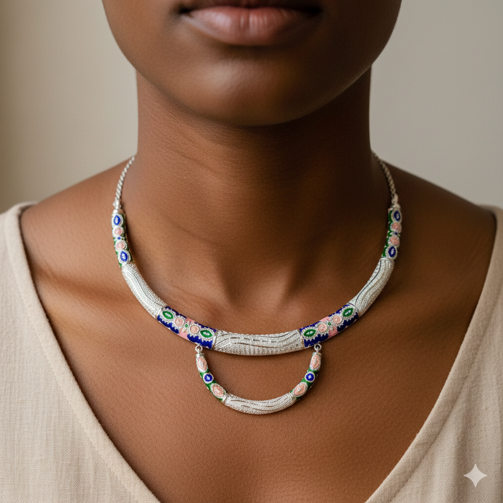 SILVER NECKLACE- CERTIFIED HALLMARK 925 SILVER HASULI NECKLACE 1 PIECE WITH EARRINGS (MINAKARI MANIPUR DESIGN) APPROX WGT: 46.120 GM (1 PIECE) FOR BEAUTIFUL WOMEN.