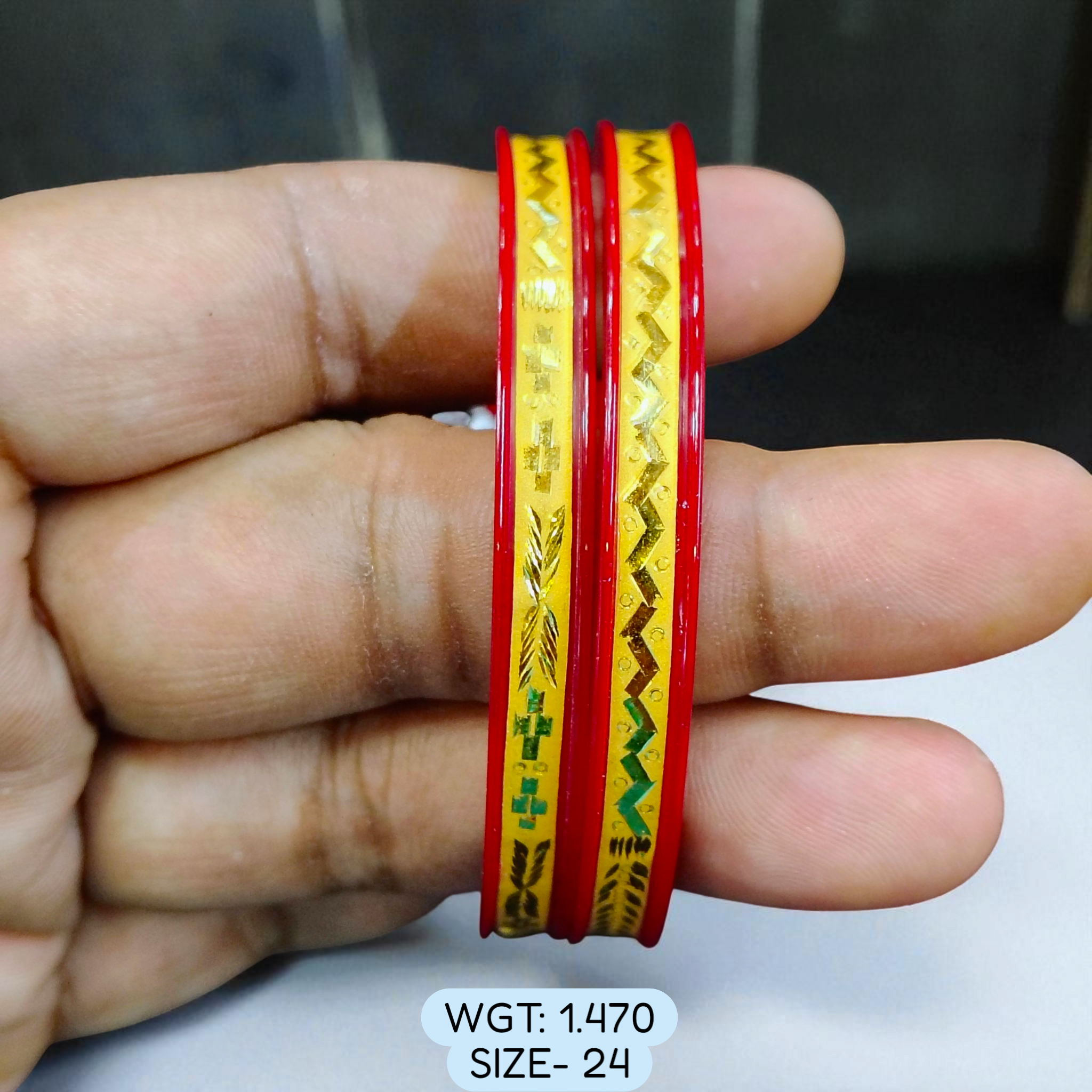 (GPB22) TRJ (SIZE: 24) WGT: 1.470 GM APPROX 22KT HUID HALLMARK GOLD POLA BADHANO BANGLES 1 PAIR DESIGN FOR REGULAR USE.