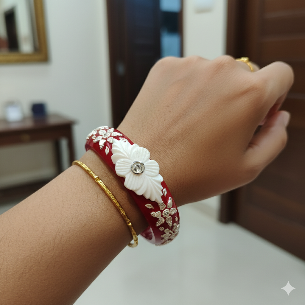 (TSP) (SIZE- 25) 925 ORIGINAL SILVER TILOTTAMA POLA SAKHA BADHANO BANGLES(RED COLOUR)FOR WOMEN 1 PIECE -(SOLD ON MRP).