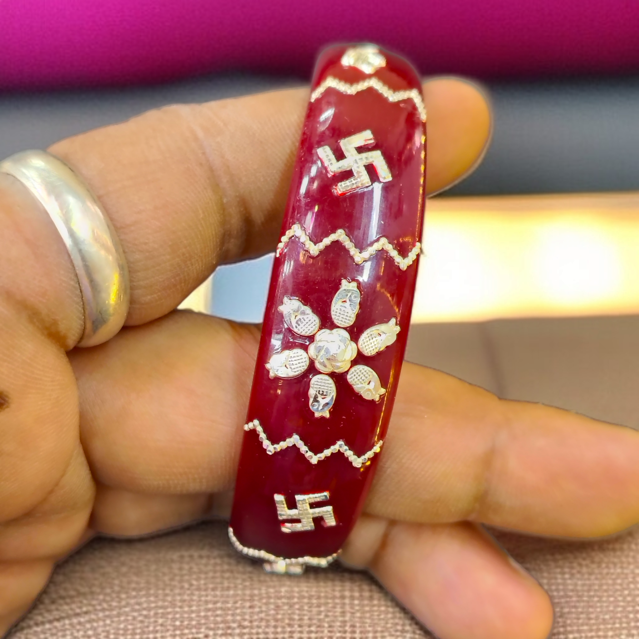 (SSP) (SIZE- 26) MAROON PASTING DESIGN 925 ORIGINAL SILVER POLA BANGLES FOR WOMEN 1 PC - SOLD AS MRP BY RAJLAXMI.