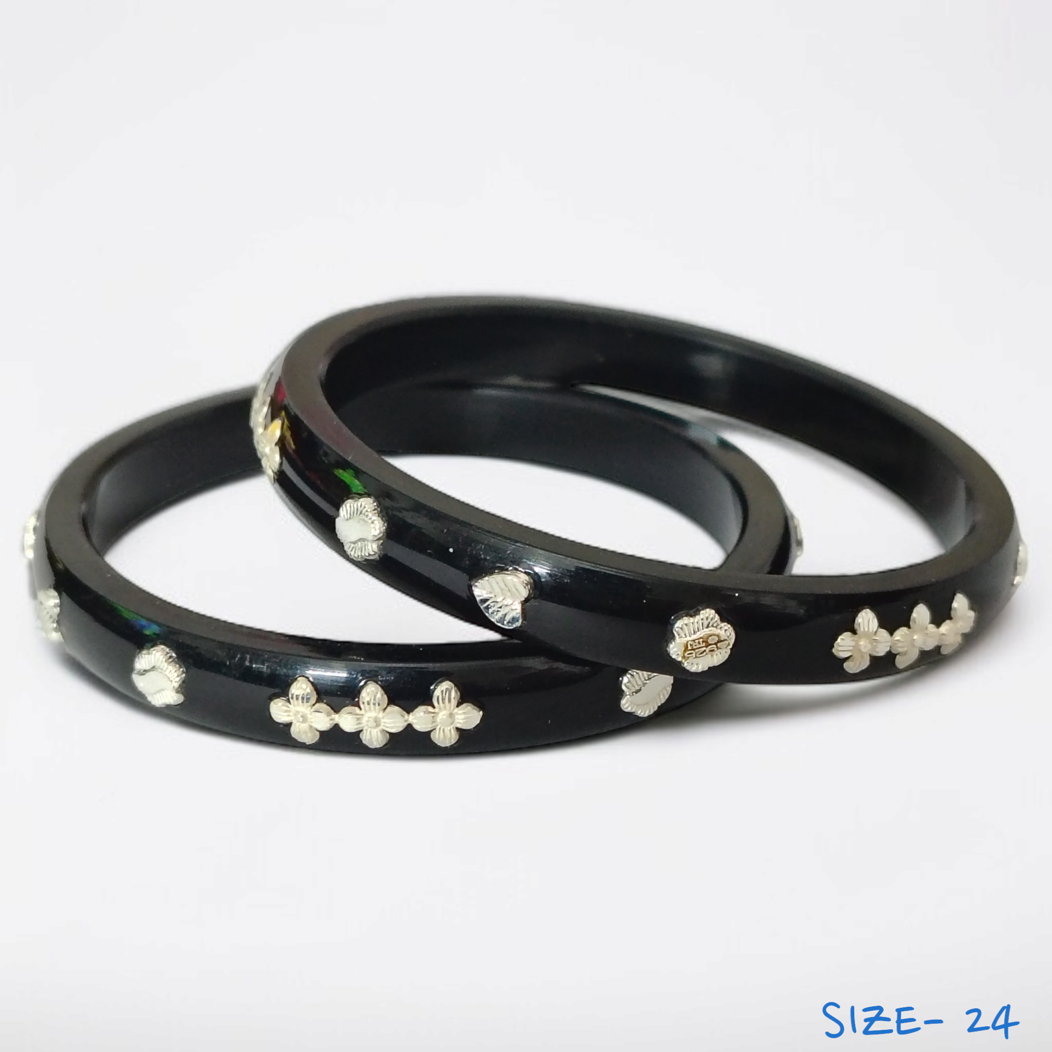 (SSP) (SIZE- 24) BLACK PASTING DESIGN 925 ORIGINAL SILVER POLA BANGLES FOR WOMEN 1 PAIR - SOLD AS MRP BY RAJLAXMI.