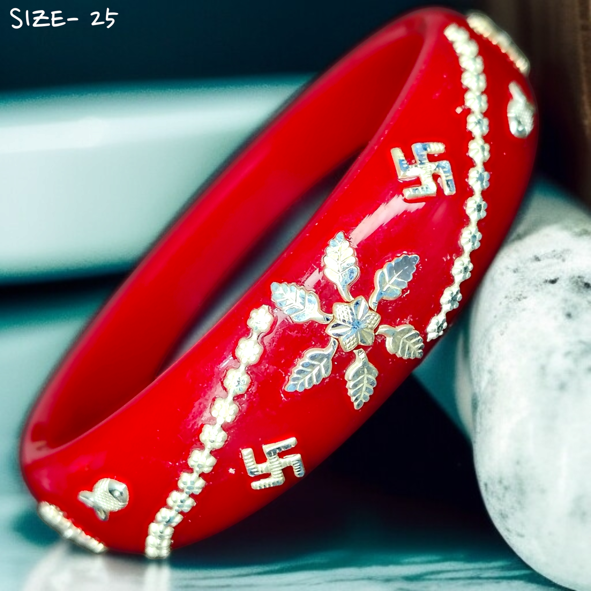 (SSP) (SIZE- 25) RED PASTING DESIGN 925 ORIGINAL SILVER POLA BANGLES FOR WOMEN 1 PC - SOLD AS MRP BY RAJLAXMI.
