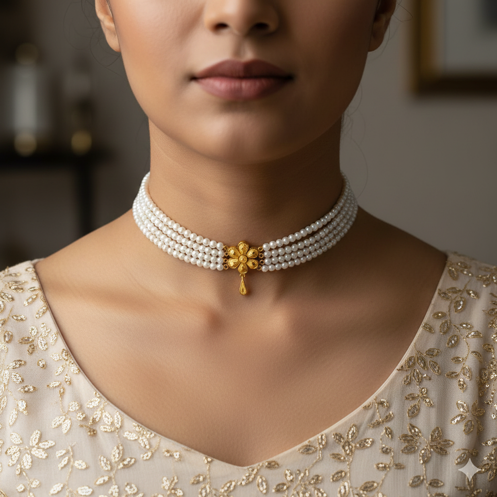 PEARL CHOKER- CERTIFIED BIS HUID HALLMARK 916 22KT GOLD MOTI CHOKER 1 PIECE (WGT: 0.850 GM) WITH ADJUSTABLE TASSEL FOR GIFT IN MARRIAGE.