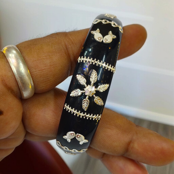 (SSP) (SIZE- 25) BLACK PASTING DESIGN 925 ORIGINAL SILVER POLA BANGLES FOR WOMEN 1 PC - SOLD AS MRP BY RAJLAXMI.