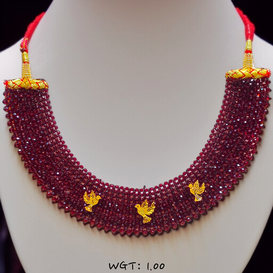 TRJ WGT: 1.00 GM APPROX 22KT HUID HALLMARK GOLD CRYSTAL CHATAI NECKLACE 1 PIECE WITH ADJUSTABLE TASSEL.