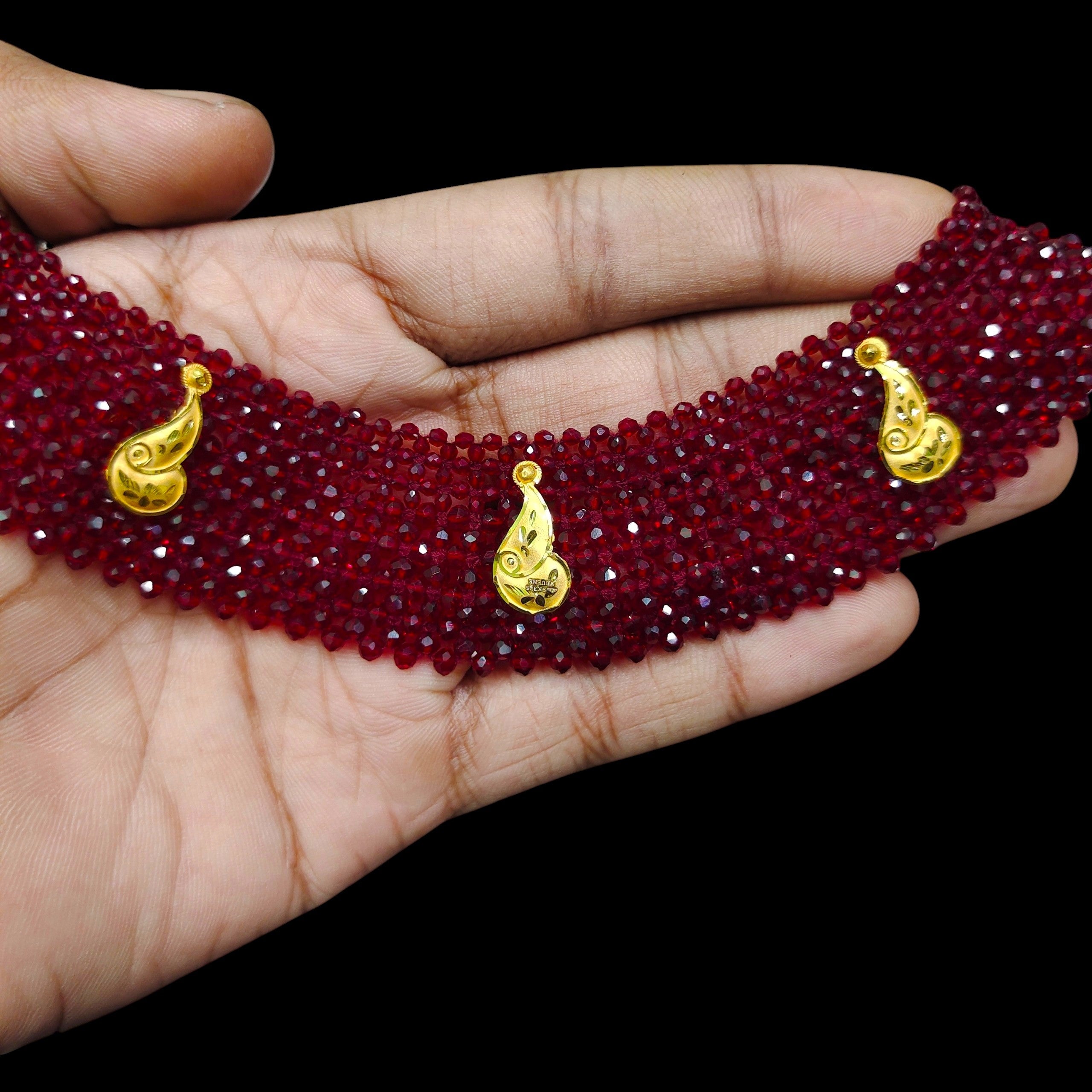GOLD MOTI HAR- (WGT: 0.660 GM APPROX) HUID HALLMARK 375 9KT GOLD CRYSTAL CHATAI NECKLACE 1 PIECE WITH ADJUSTABLE TASSEL.